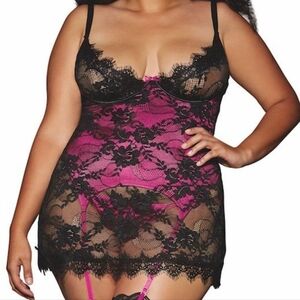 Dreamgirl Lace Chemise in Black and Pink